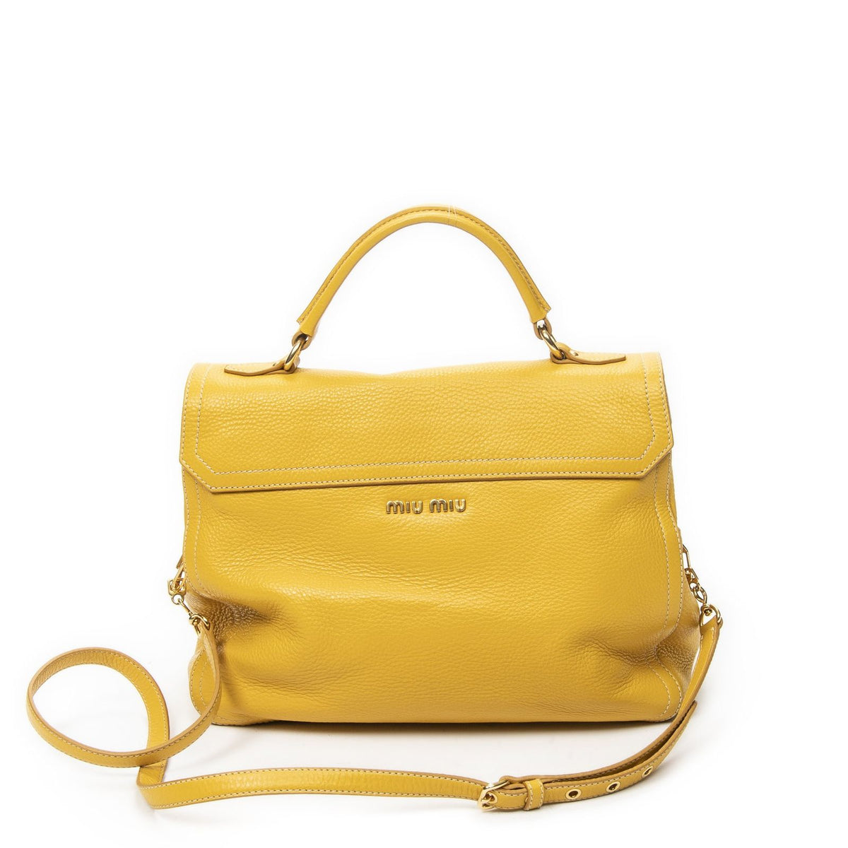 Miu Miu Turn Lock Flap Bag Top Handle Yellow Vitello Cali — view 5
