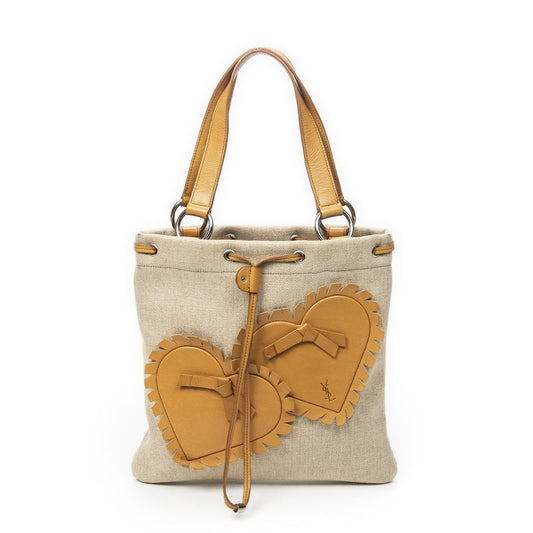 Saint Laurent Fringed Heart Applique Tote Bag Beige Canvas