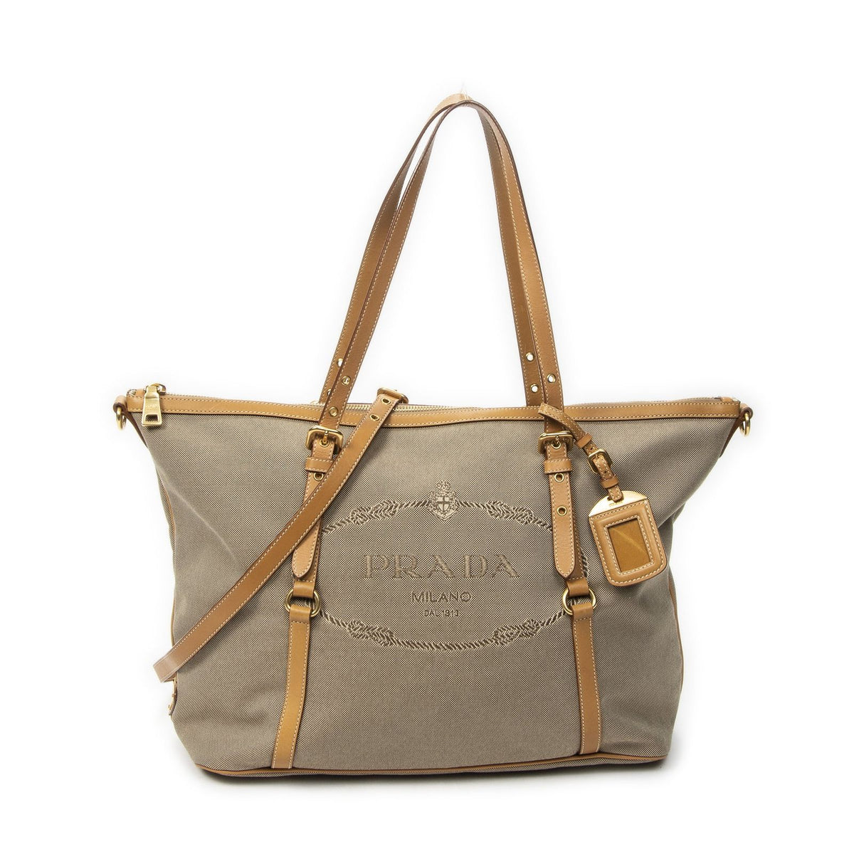 Prada Jacquard Shopping Tote Bag Beige Tanjaca Canvas