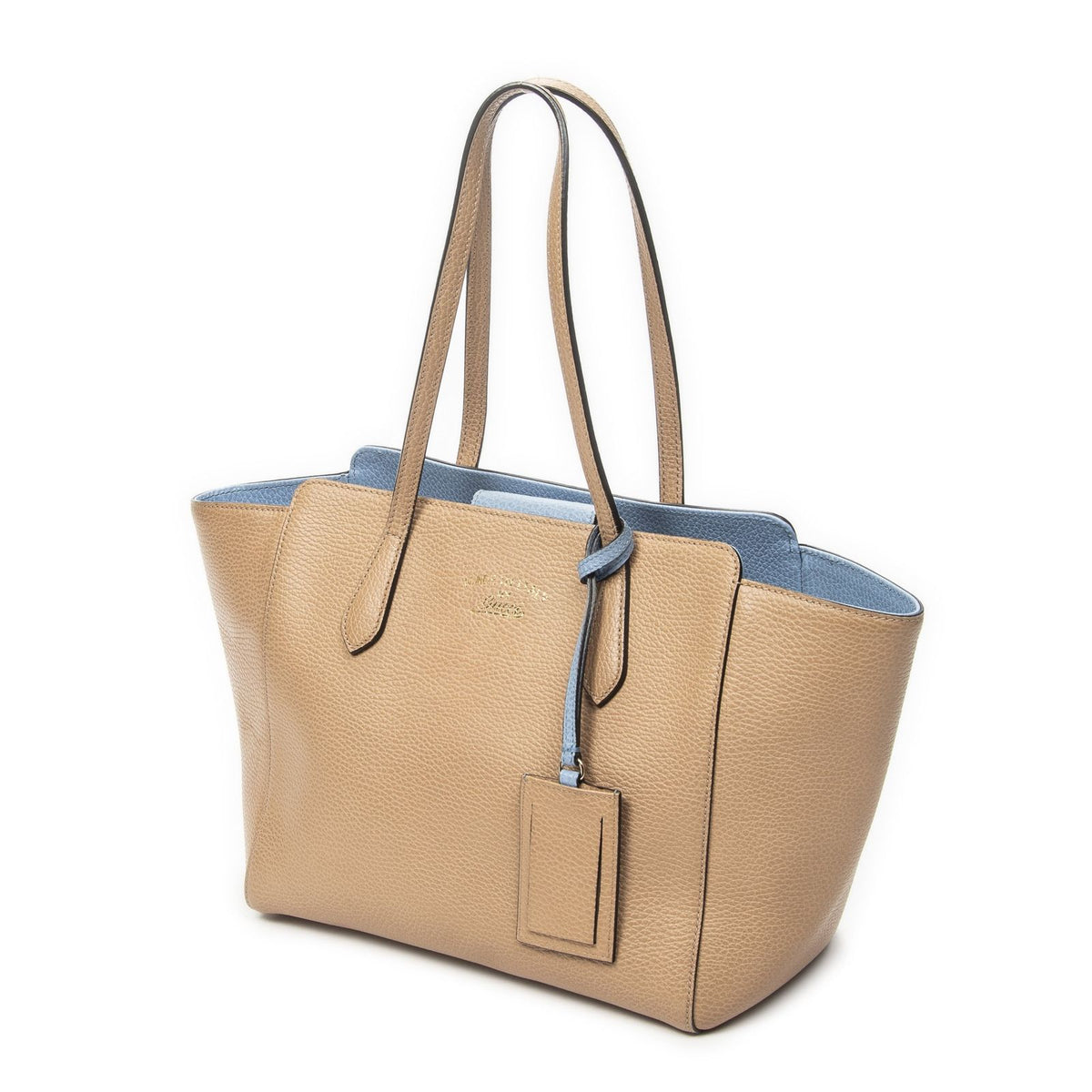 Gucci Small Swing Tote Bag Beige Light Blue Gray Calfskin Leather — view 2
