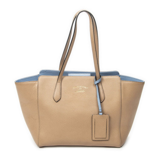 Gucci Small Swing Tote Bag Beige Light Blue Gray Calfskin Leather