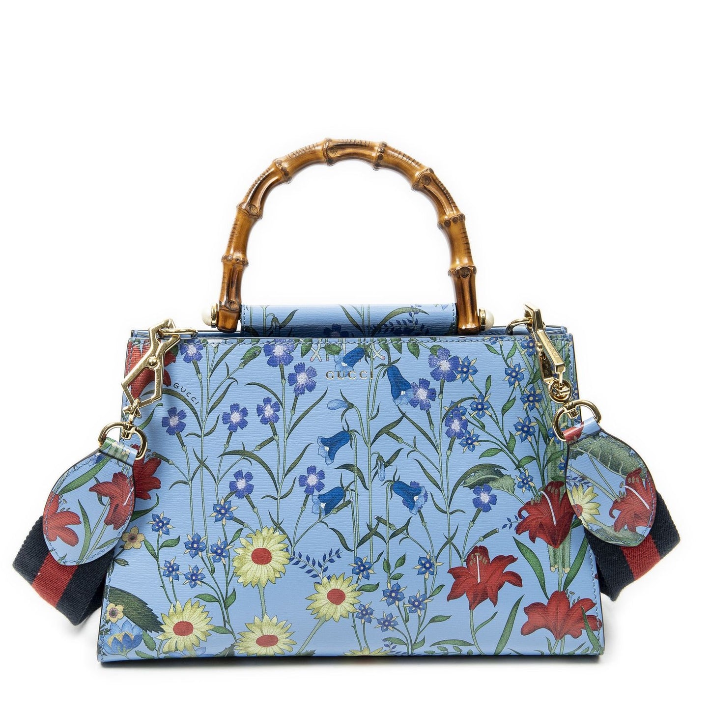 Gucci Medium Nymphaea Top Handle Blue Floral Print Leather