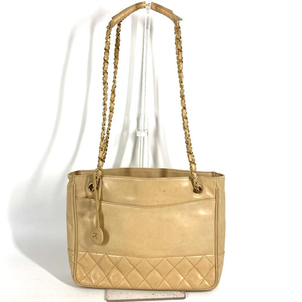 Chanel Shoulder Bag Quilted CC Logo Leather Beige