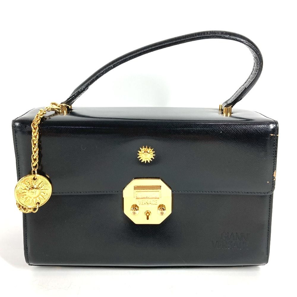 Versace Handbag Sunburst Logo Vanity Bag Leather Black