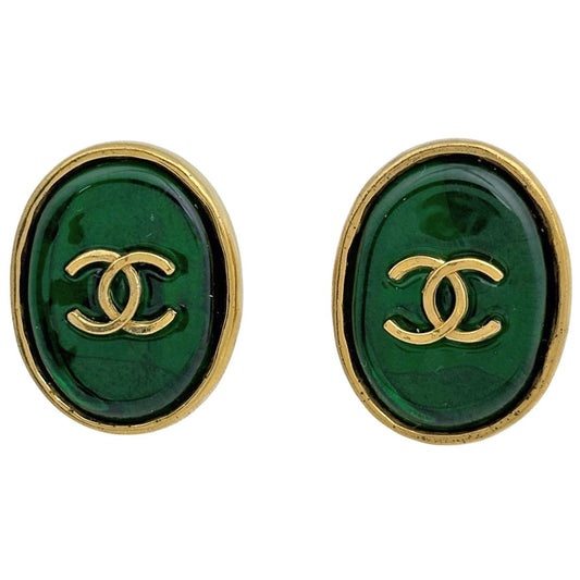 Chanel CC Logo Color Stone Single Earring Gripoix Gold Plated Green