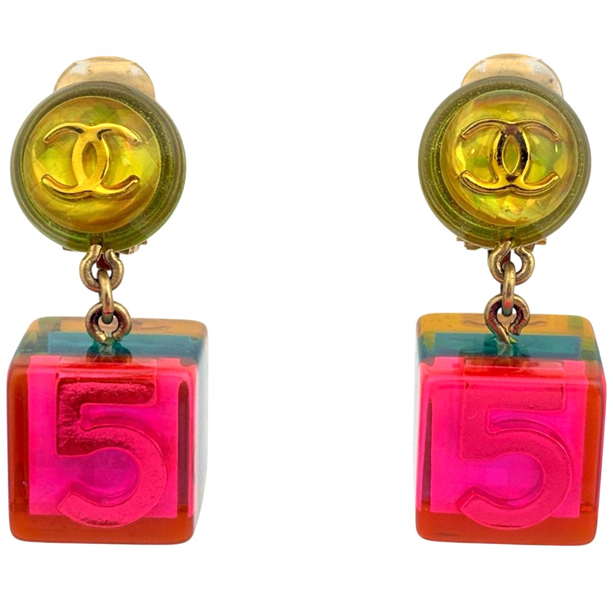 Chanel CC Logo Earrings Swing Cube No5 Plastic Yellow Pink Gold