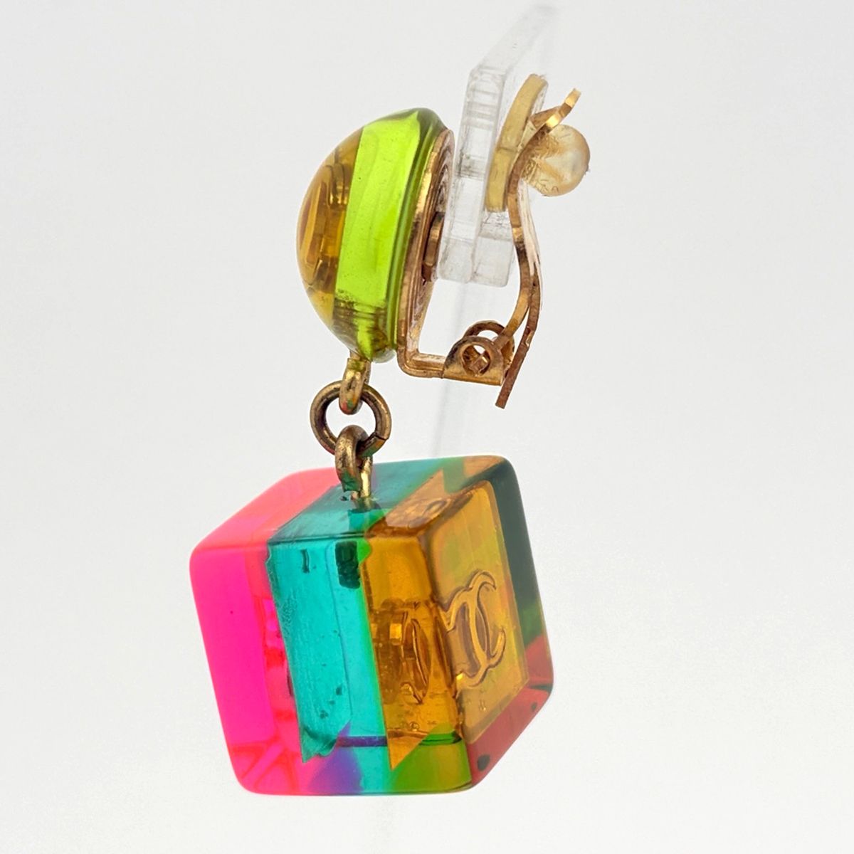 Chanel CC Logo Earrings Swing Cube No5 Plastic Yellow Pink Gold — view 2