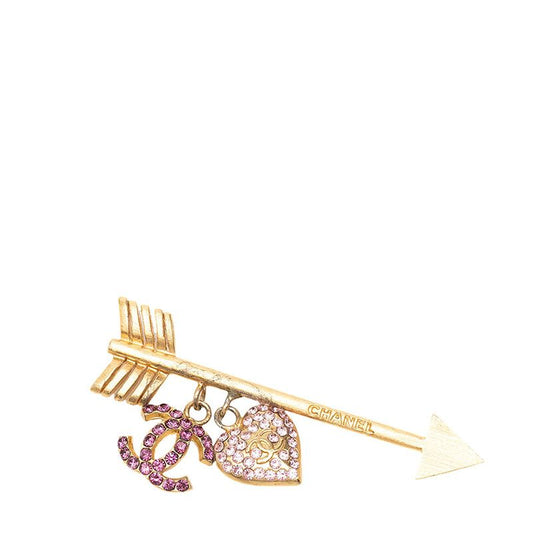 Chanel 02P CC Logo Heart Arrow Motif Brooch Gold Purple Pink Plated Rhinestone