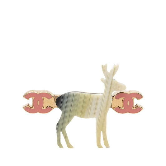 Chanel 01A CC Logo Reindeer Motif Brooch Gold Pink Multicolor Plastic Plated