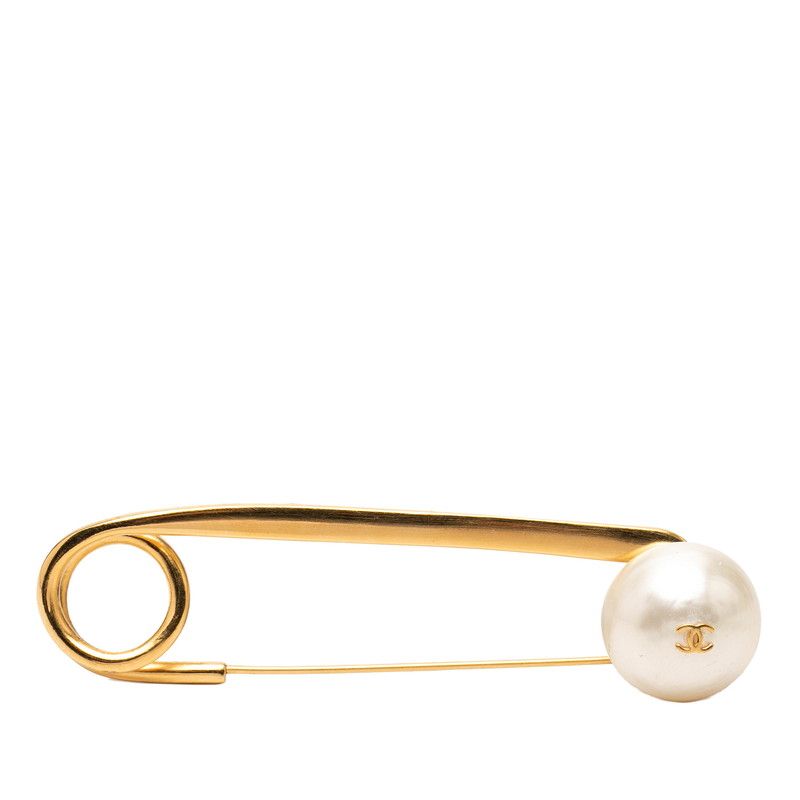 Chanel 97P CC Logo Vintage Brooch Safety Pin Gold Plated Faux Pearl