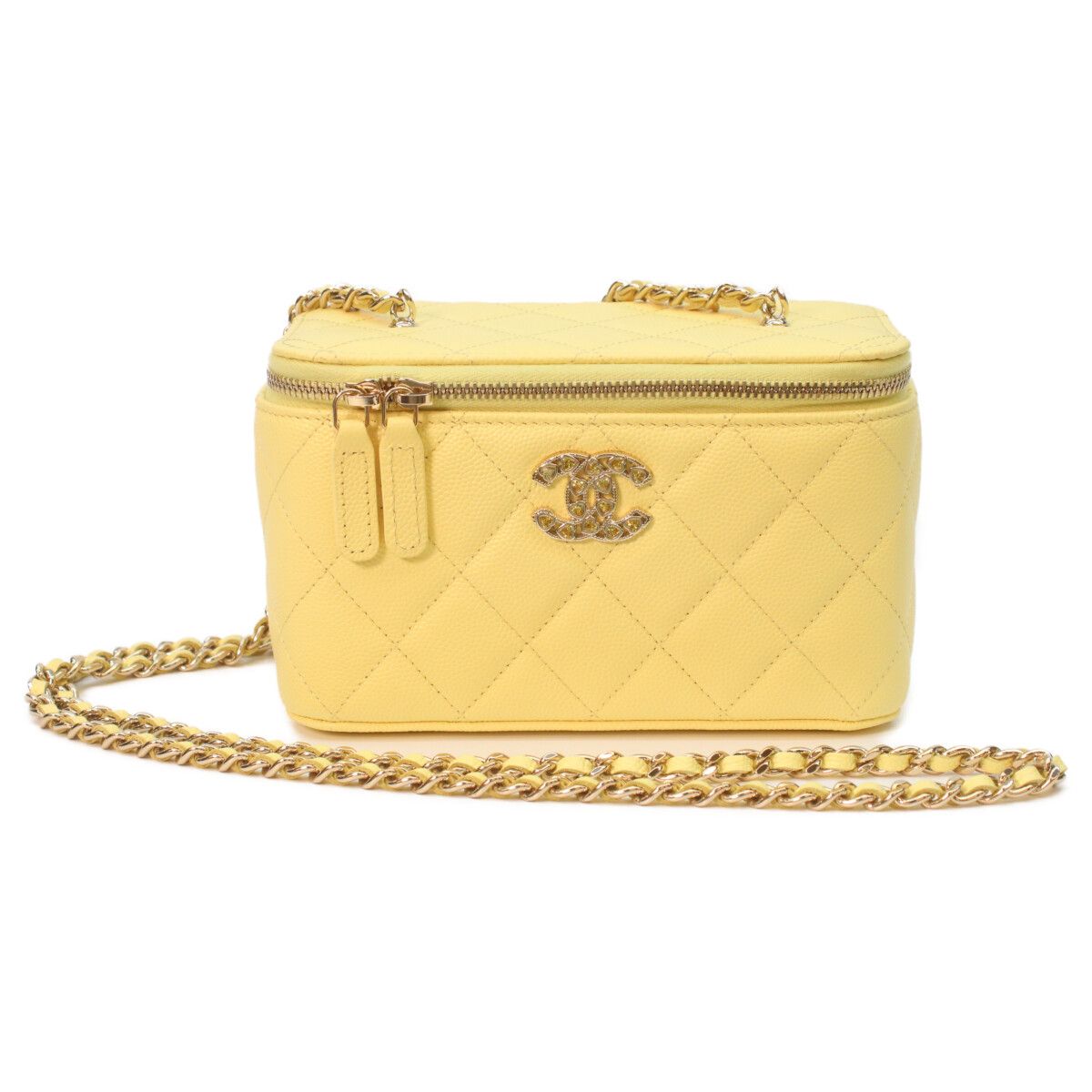 Chanel Yellow Caviar Gold Quilted Vanity Heart Rhinestone CC Logo