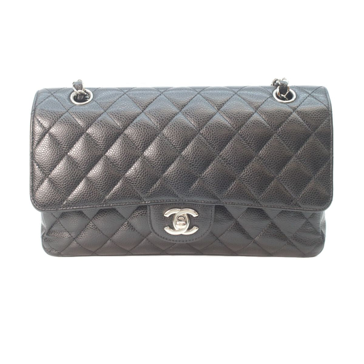 Chanel Black Caviar Silver Double Flap Bag Quilted 25