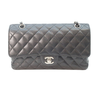 Chanel Black Caviar Silver Double Flap Bag Quilted 25