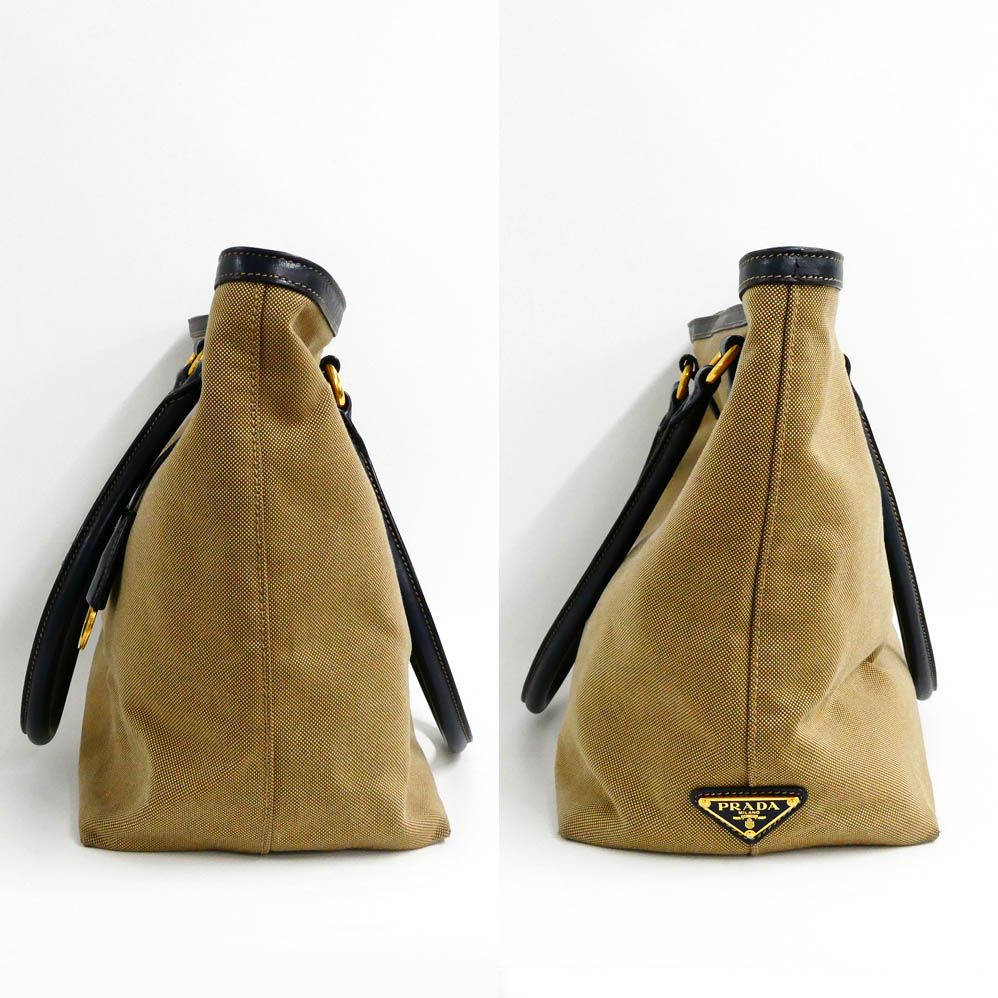 Prada Logo Jacquard Tote Bag Beige Navy Shoulder Canvas Leather — view 4