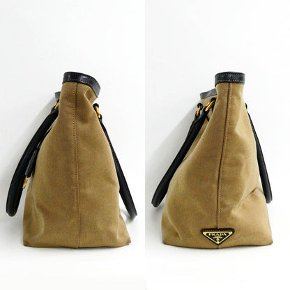 Prada Logo Jacquard Tote Bag Beige Navy Shoulder Canvas Leather — view 4