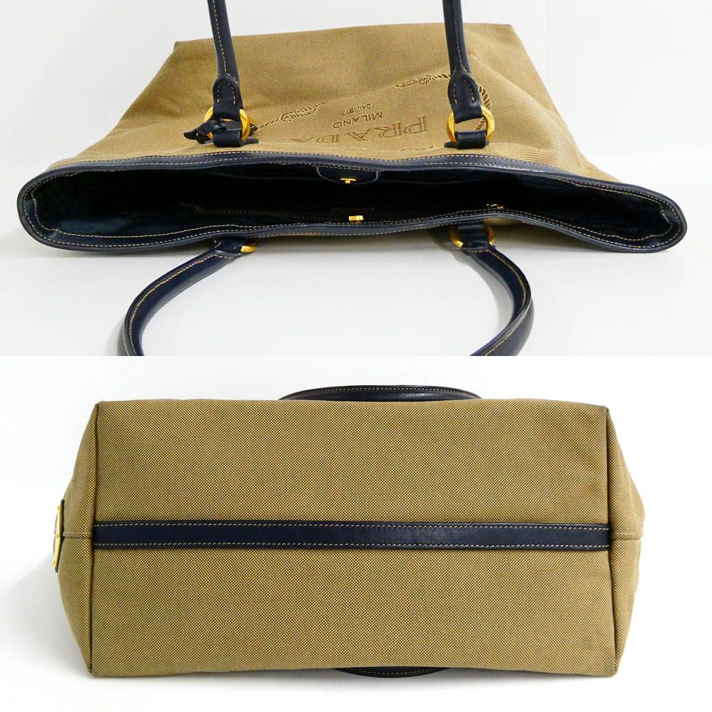 Prada Logo Jacquard Tote Bag Beige Navy Shoulder Canvas Leather — view 3