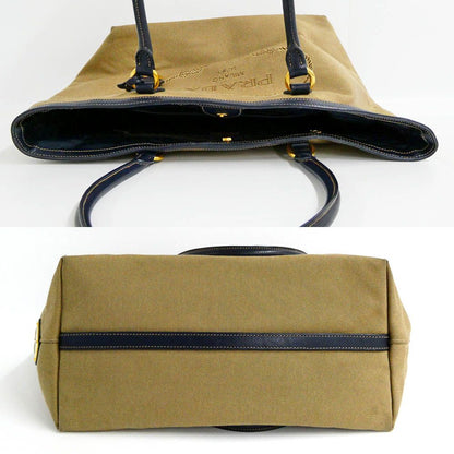 Prada Logo Jacquard Tote Bag Beige Navy Shoulder Canvas Leather — view 3