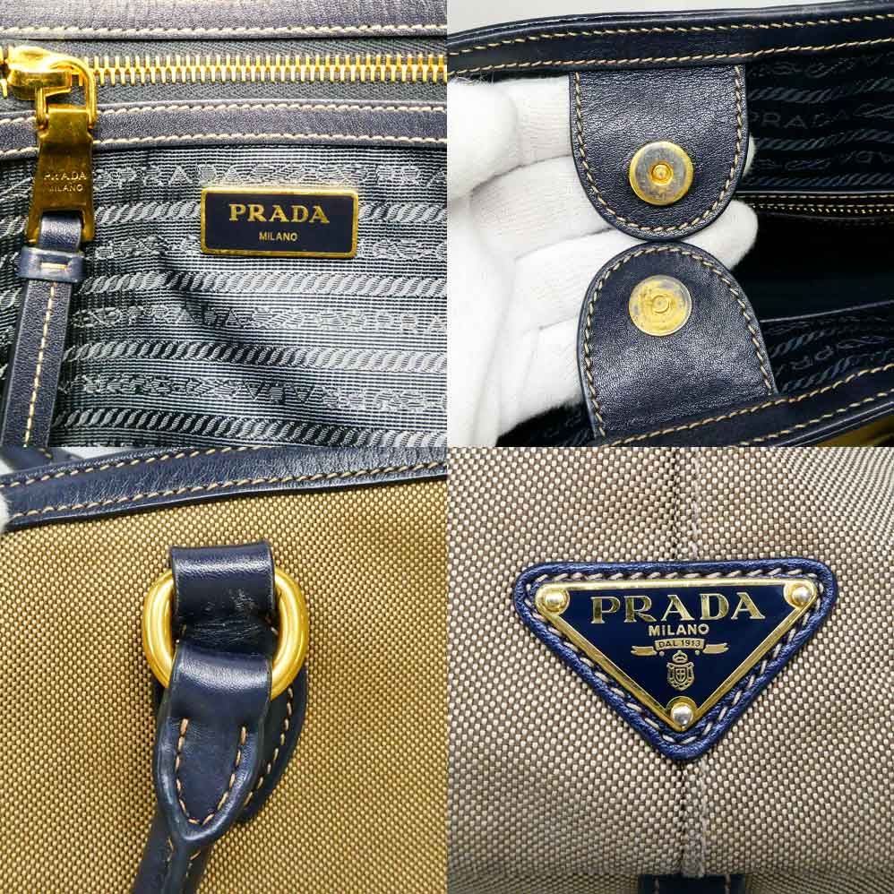 Prada Logo Jacquard Tote Bag Beige Navy Shoulder Canvas Leather — view 8