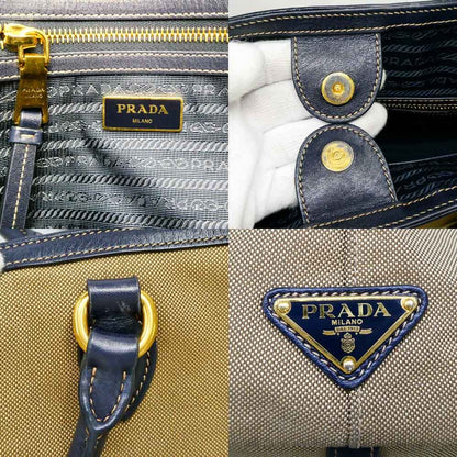 Prada Logo Jacquard Tote Bag Beige Navy Shoulder Canvas Leather — view 8