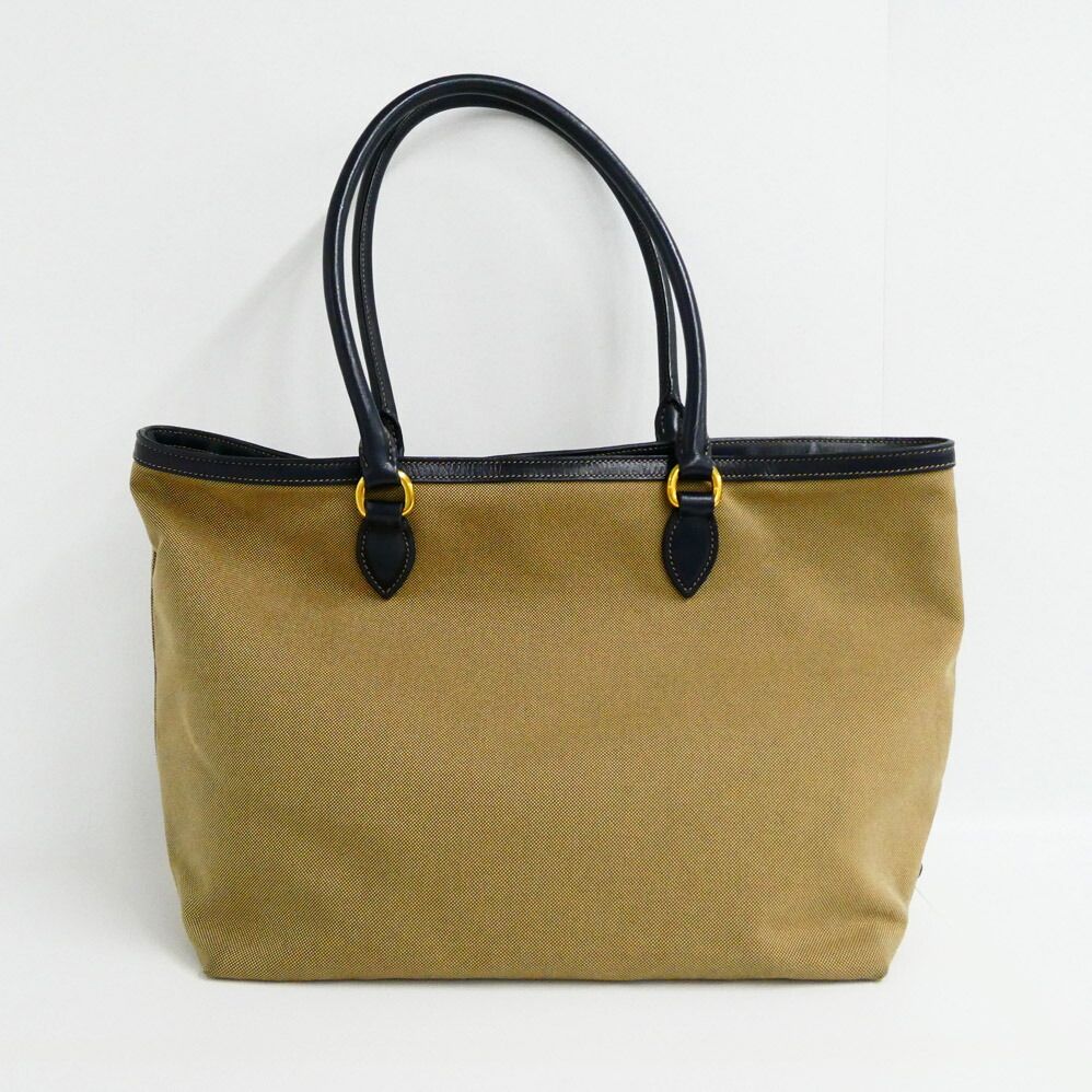 Prada Logo Jacquard Tote Bag Beige Navy Shoulder Canvas Leather — view 2