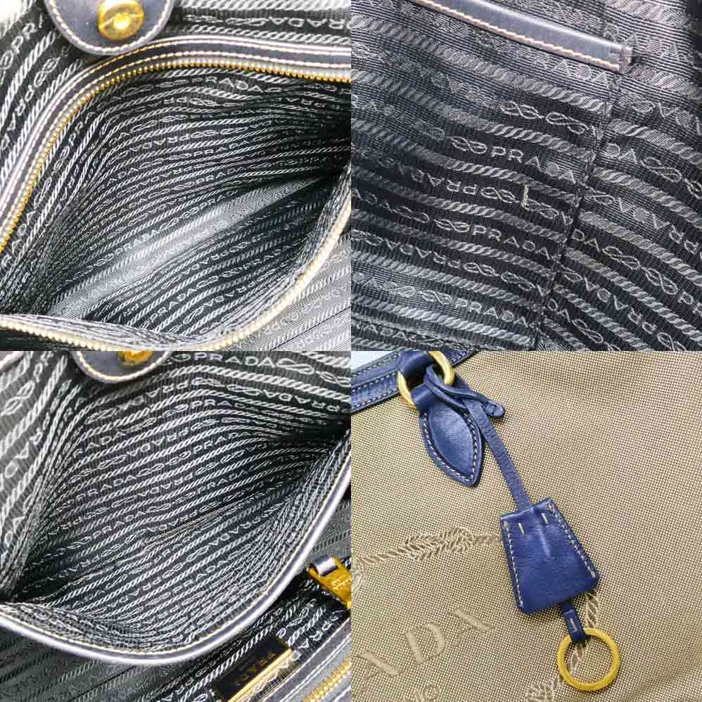 Prada Logo Jacquard Tote Bag Beige Navy Shoulder Canvas Leather — view 6