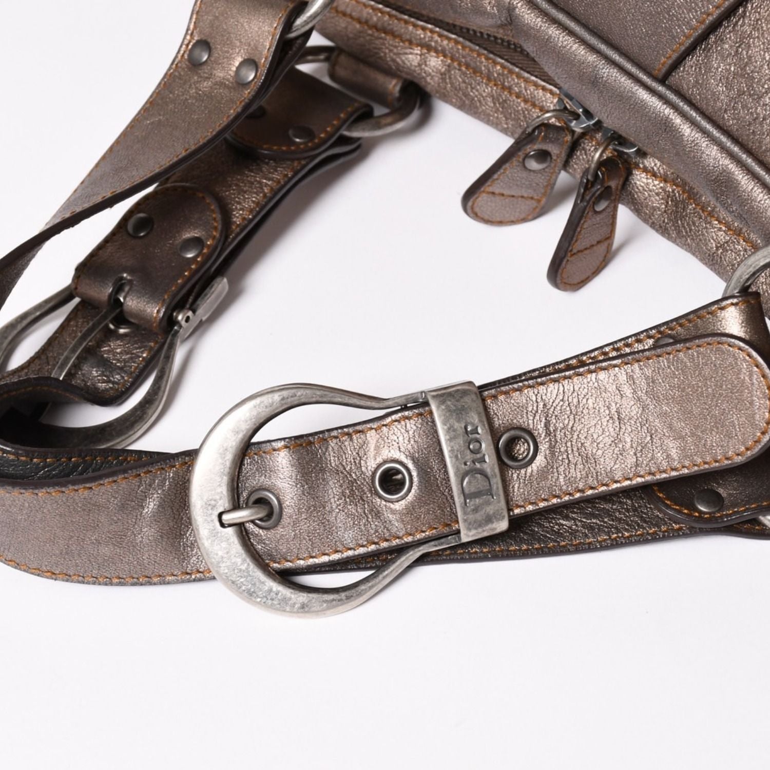 Dior Gaucho Saddle Handbag Galliano Era Leather Western Style Metallic Brown — view 8