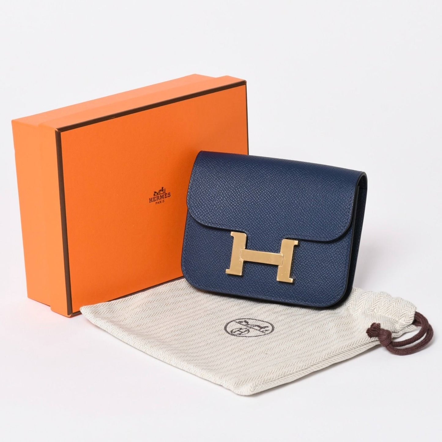 Hermes Constance Slim Bifold Wallet Veau Epsom Navy Pouch Gold