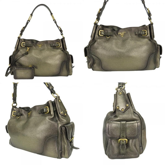 Prada Shoulder Bag Leather Blanc Gold Brown Daily