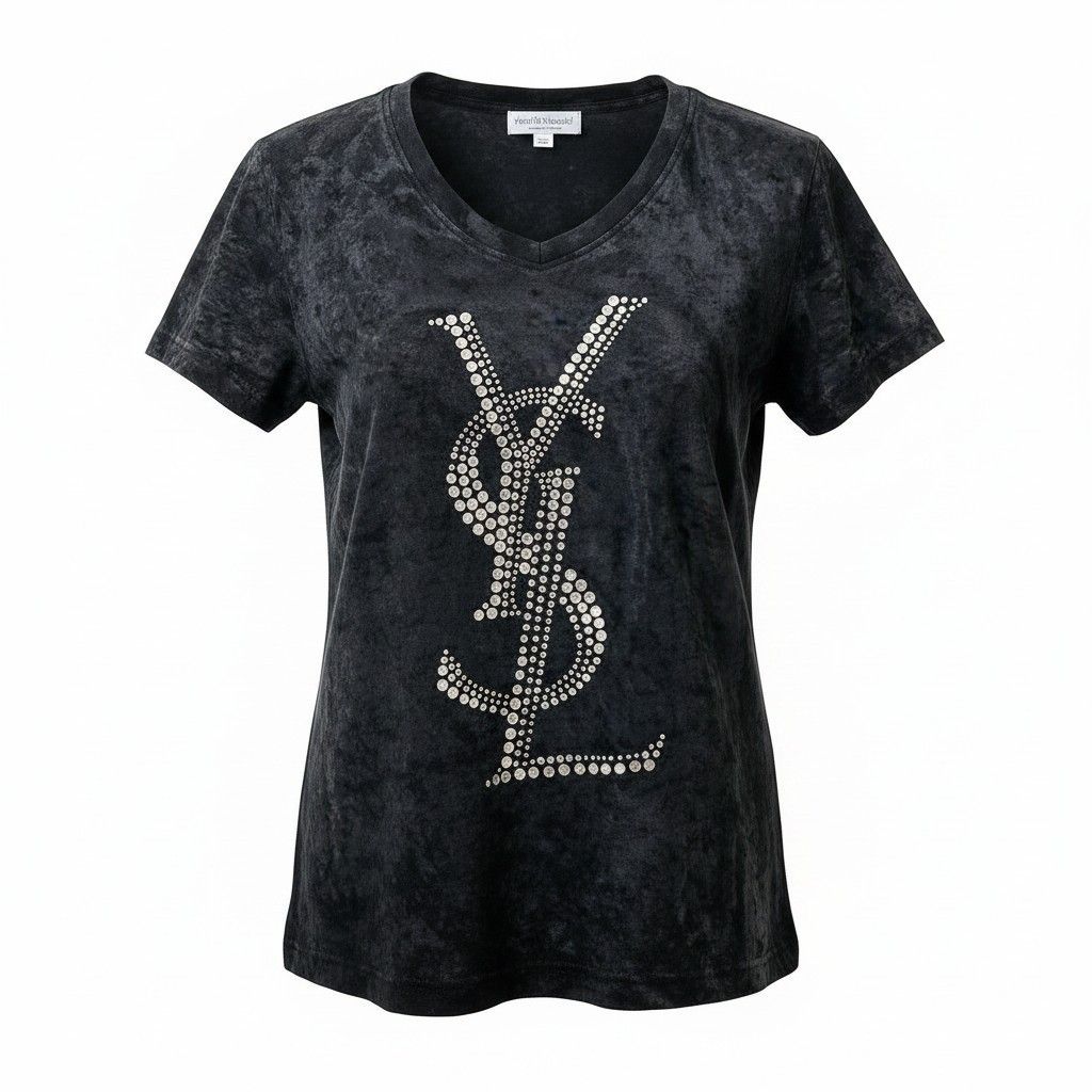 Saint Laurent Rhinestone Cassandra T-Shirt Velour M Black