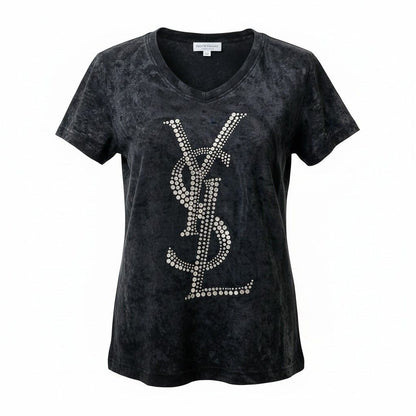 Saint Laurent Rhinestone Cassandra T-Shirt Velour M Black