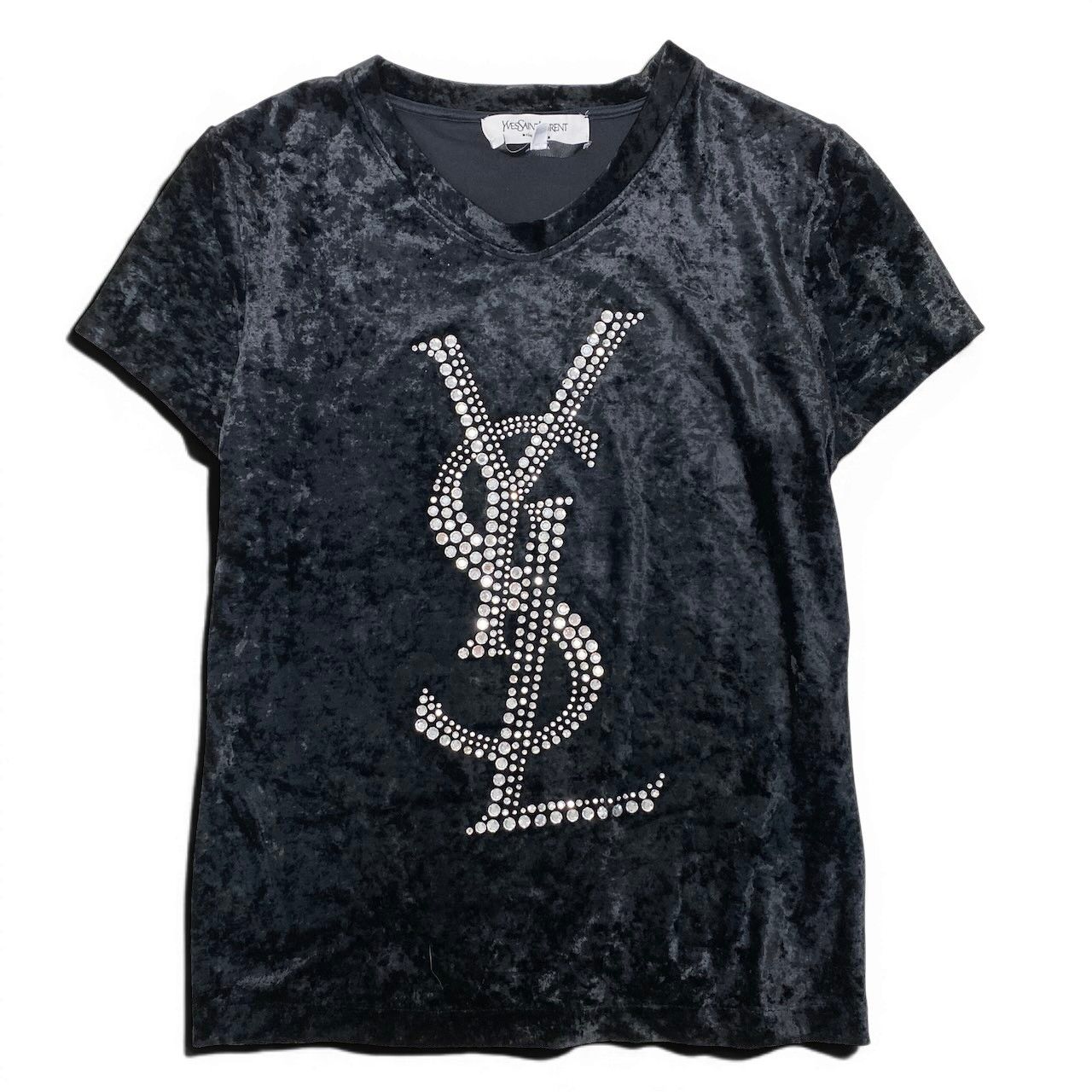 Saint Laurent Rhinestone Cassandra T-Shirt Velour M Black — view 2