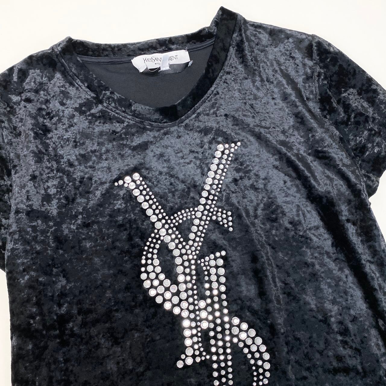 Saint Laurent Rhinestone Cassandra T-Shirt Velour M Black — view 4