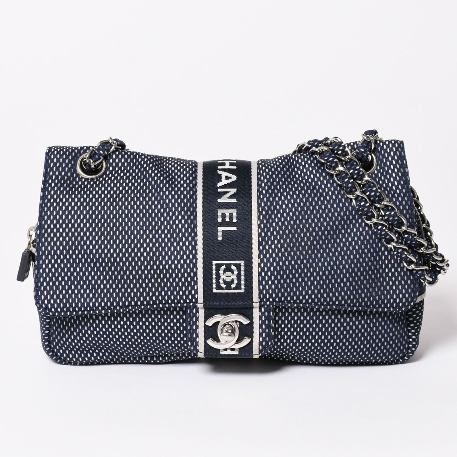 Chanel Sports Line Mesh Chain Shoulder Bag Fabric CC Logo CC Turnlock Navy