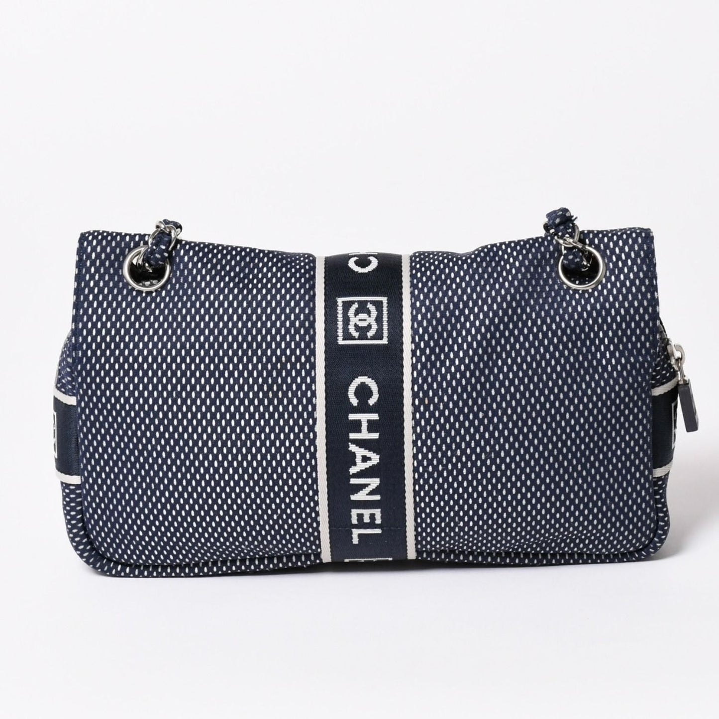 Chanel Sports Line Mesh Chain Shoulder Bag Fabric CC Logo CC Turnlock Navy — view 2