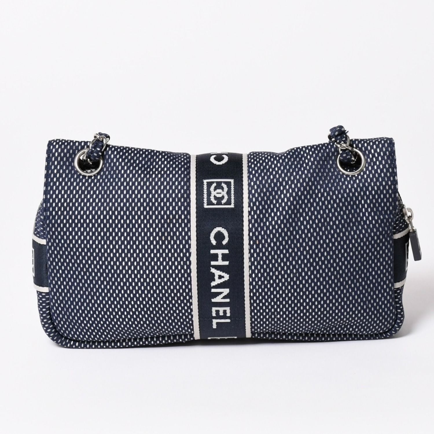 Chanel Sports Line Mesh Chain Shoulder Bag Fabric CC Logo CC Turnlock Navy — view 2