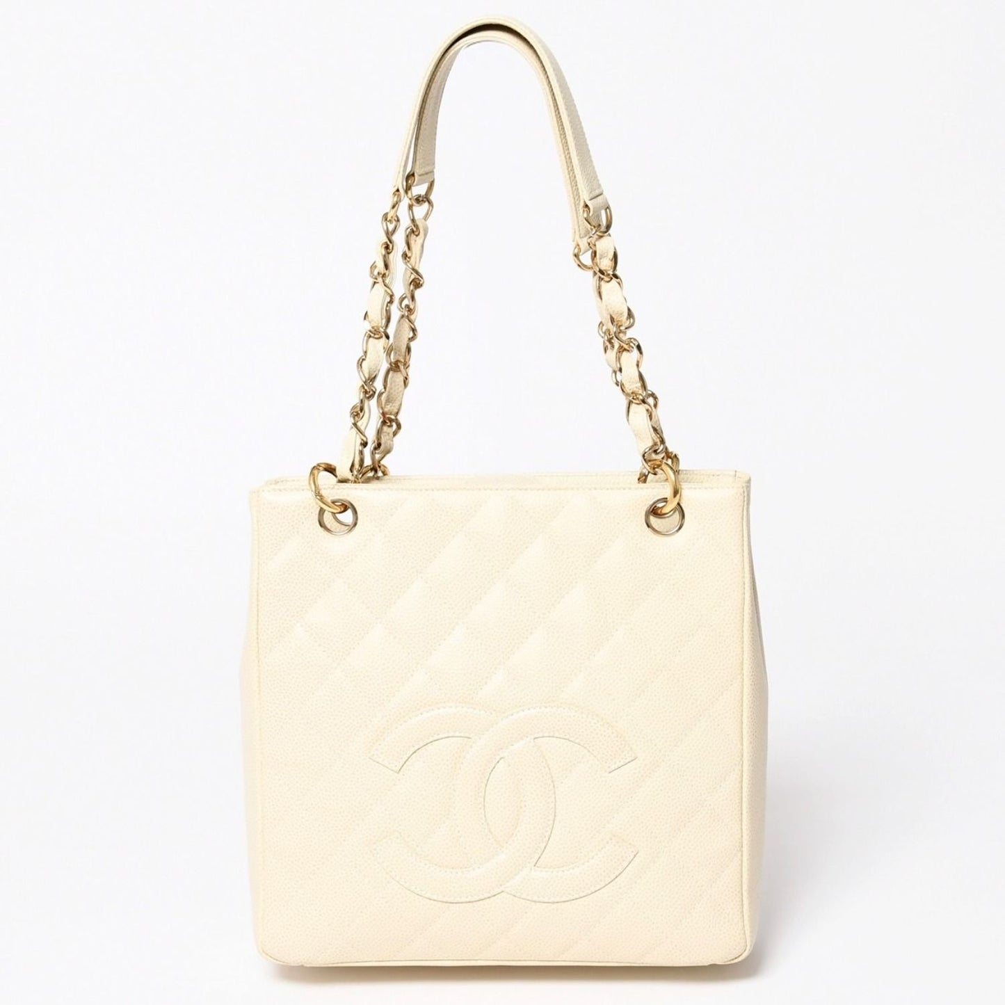 Chanel Petit Timeless Tote Bag Quilted Caviar Leather Light Beige CC Logo