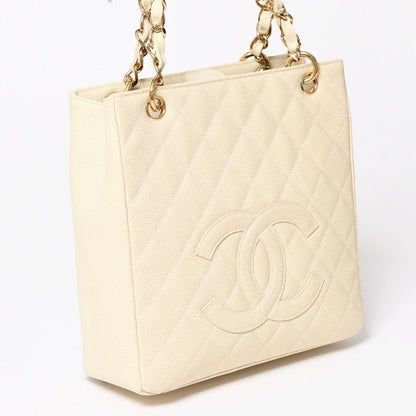 Chanel Petit Timeless Tote Bag Quilted Caviar Leather Light Beige CC Logo — view 3