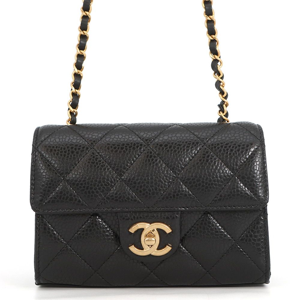 Chanel Chain Shoulder Bag Quilted CC Logo Caviar Leather Black