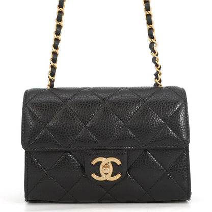 Chanel Chain Shoulder Bag Quilted CC Logo Caviar Leather Black
