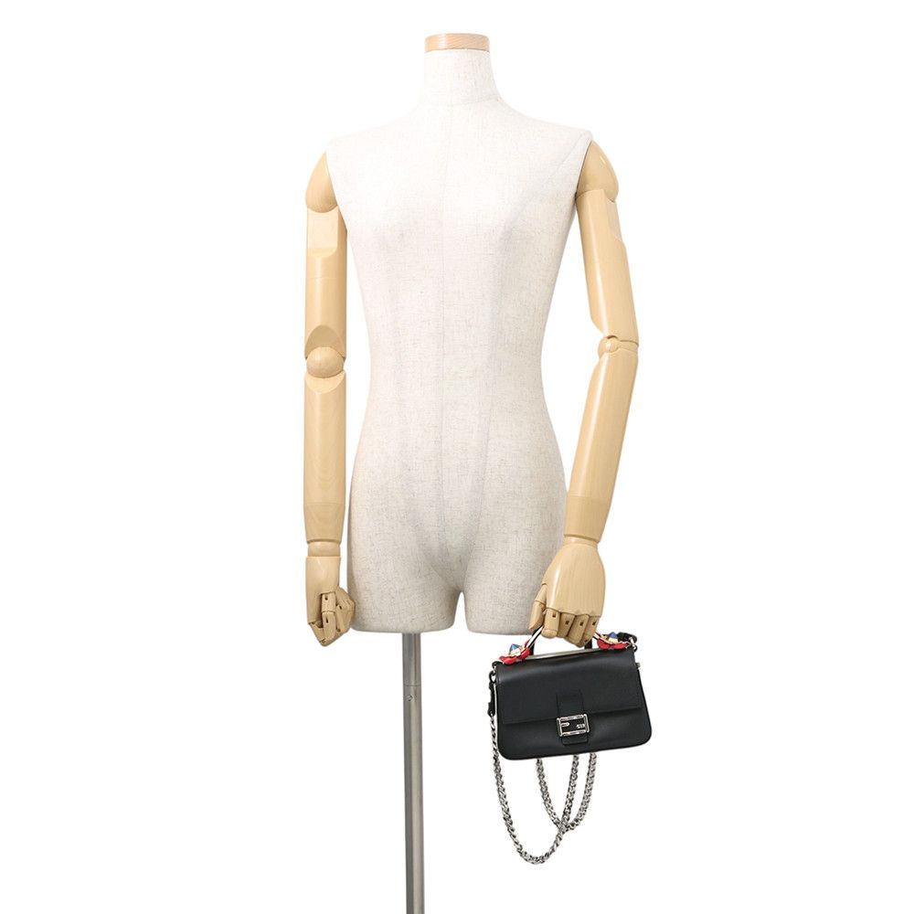 Fendi Shoulder Bag Double Micro Flower Baguette Leather Black White — view 4