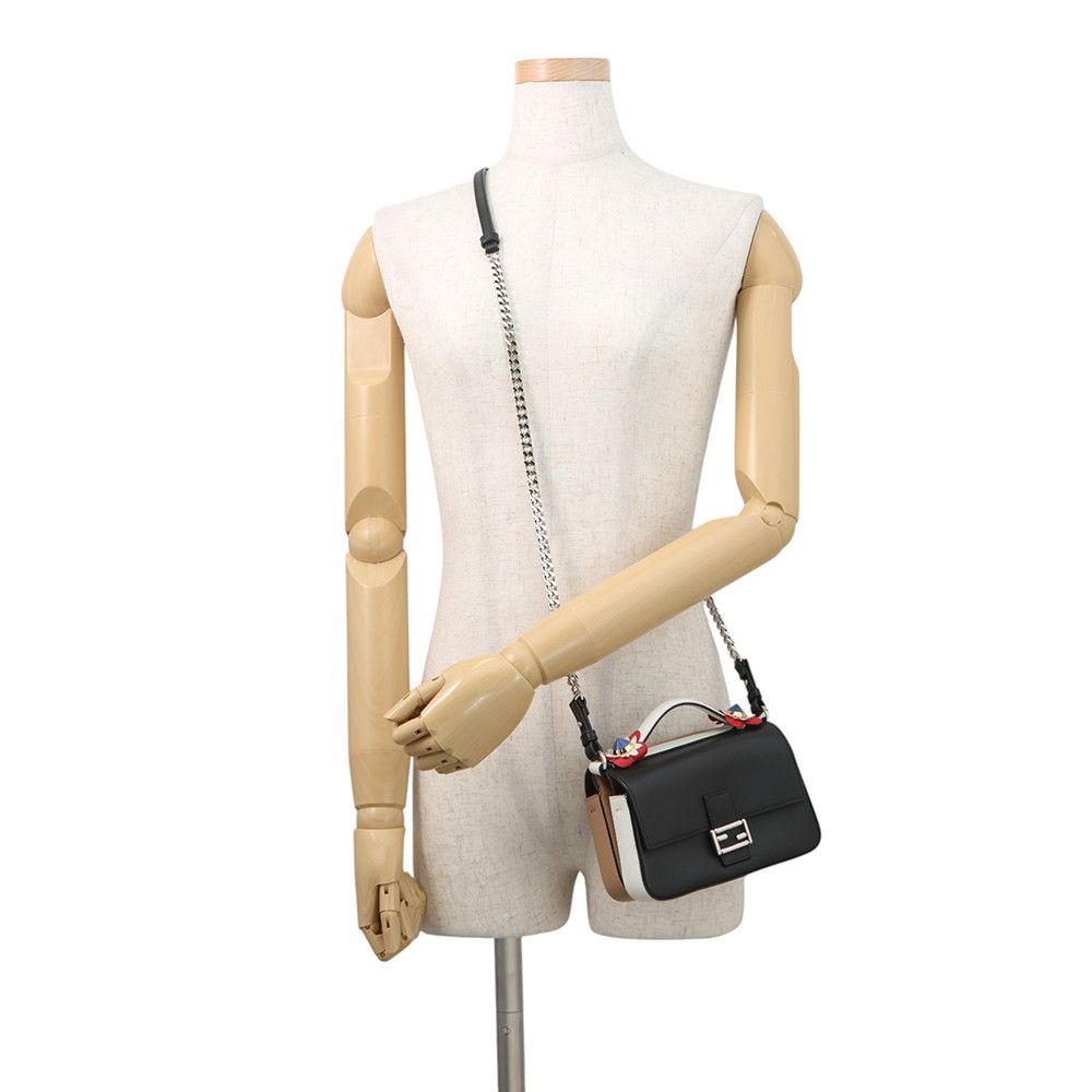 Fendi Shoulder Bag Double Micro Flower Baguette Leather Black White — view 5
