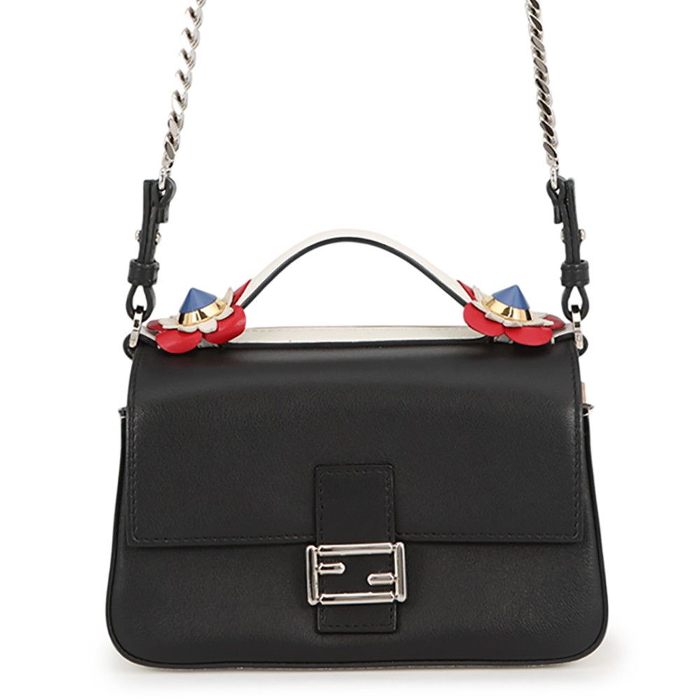 Fendi Shoulder Bag Double Micro Flower Baguette Leather Black White