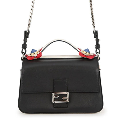 Fendi Shoulder Bag Double Micro Flower Baguette Leather Black White