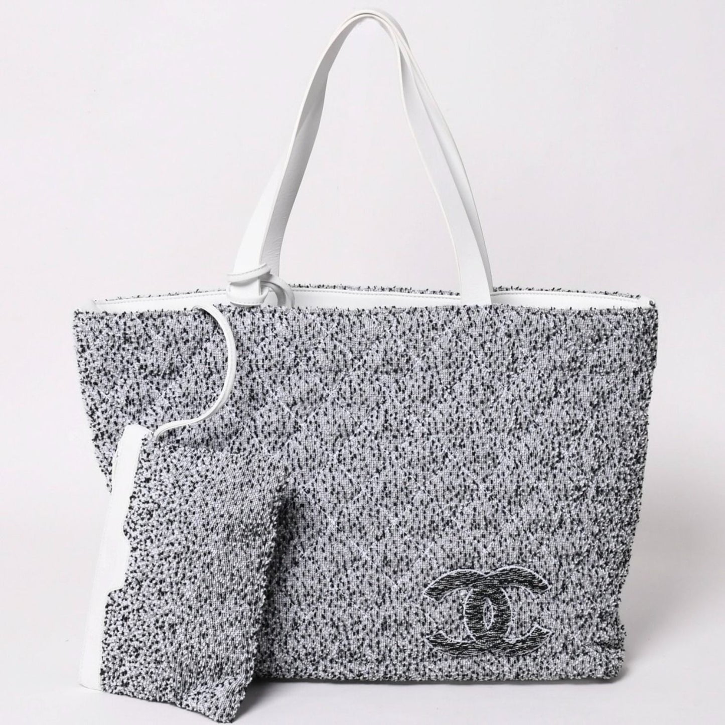 Chanel Cruise Collection Pile Beach Terry Cloth CC Logo White Gray Tote Bag