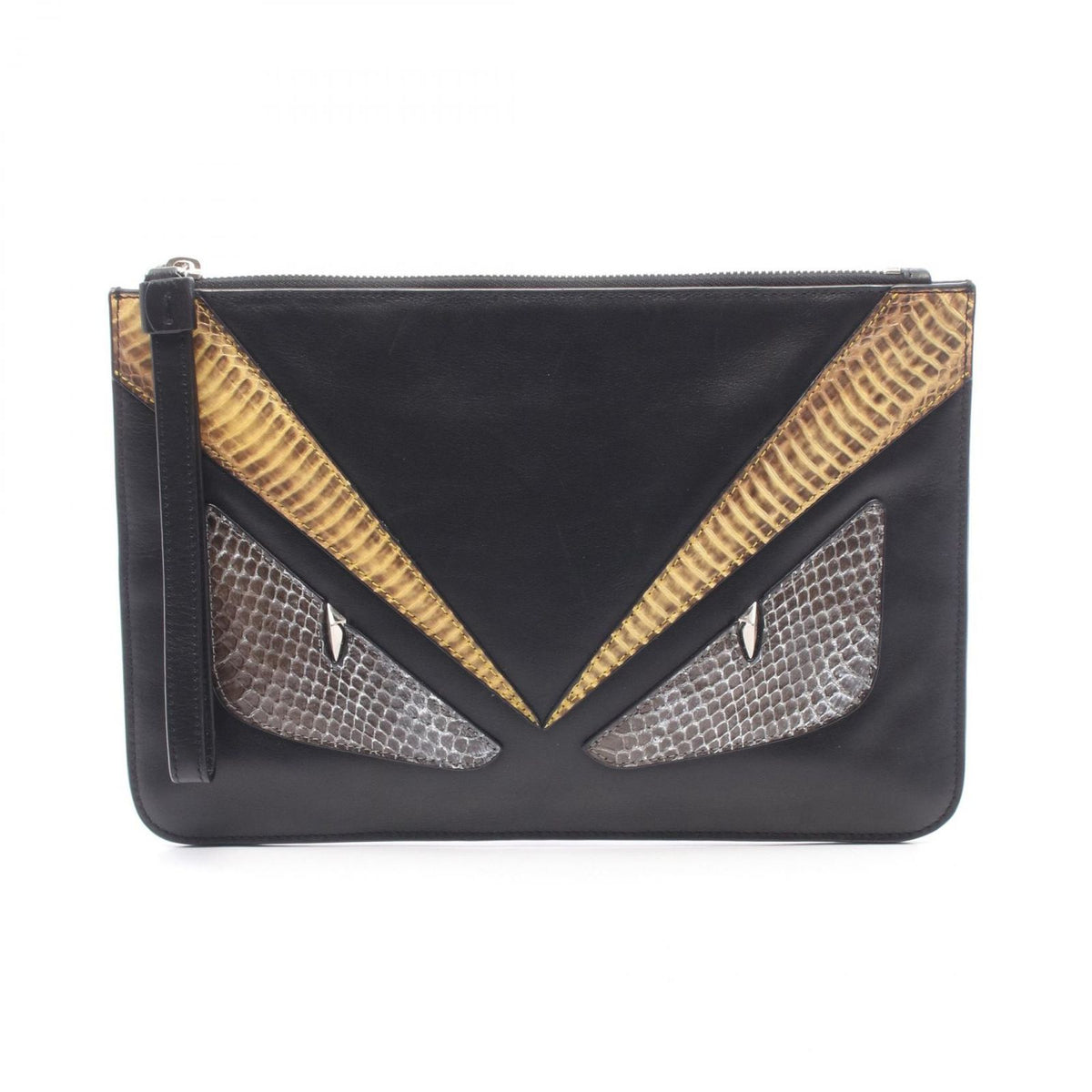 Fendi Clutch Bugs Eye Monster Brown Lambskin Exotic Leather