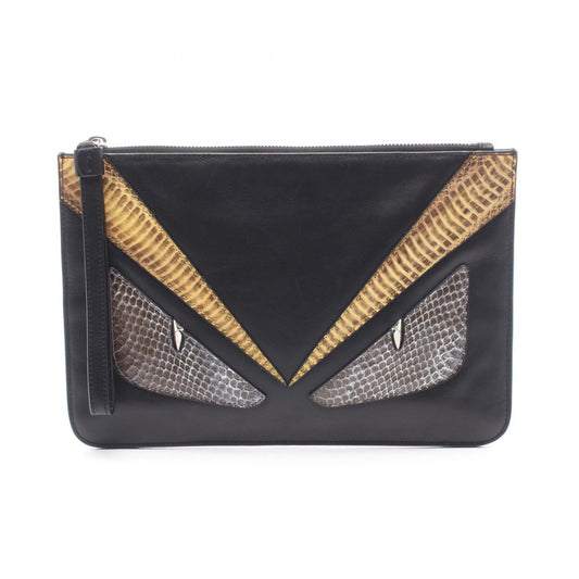 Fendi Clutch Bugs Eye Monster Brown Lambskin Exotic Leather