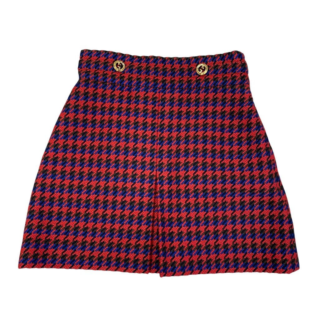 Gucci Houndstooth Mini Skirt Double Logo Button Wool Red Feminine Classic