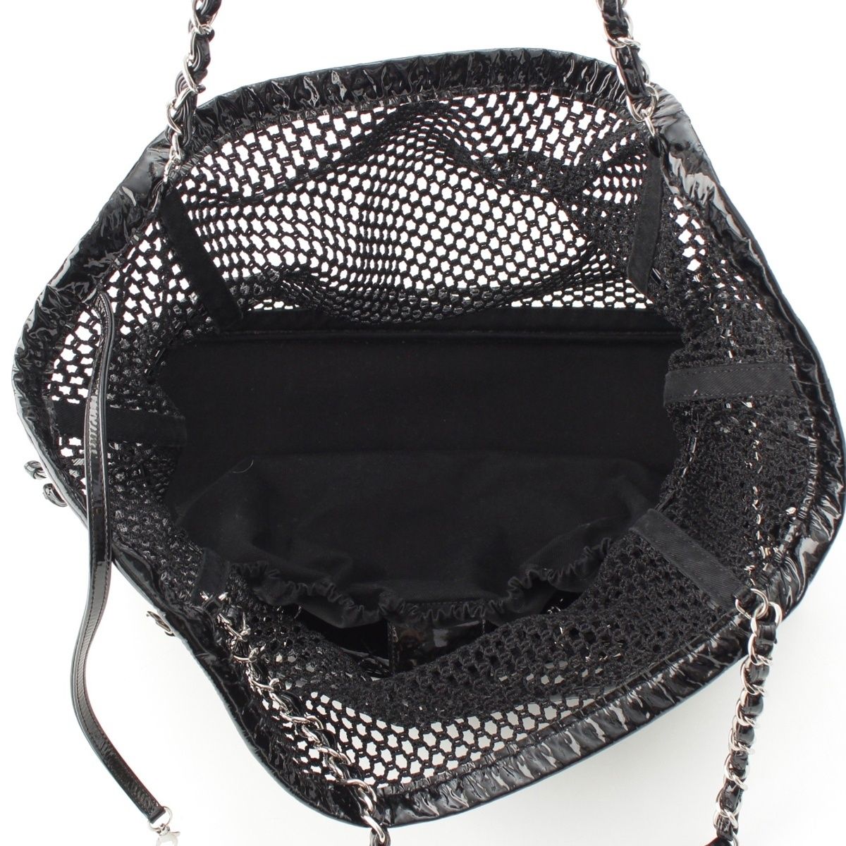 Chanel Mesh Patent Leather Quilted Single Flap Double Chain Set Tote Bag Black — view 7