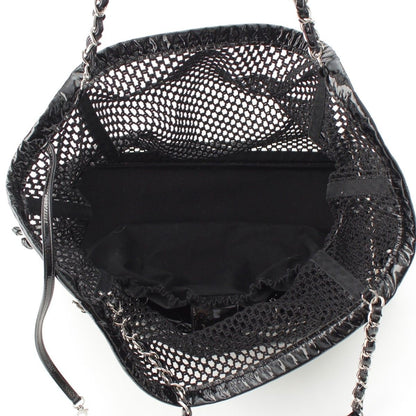 Chanel Mesh Patent Leather Quilted Single Flap Double Chain Set Tote Bag Black — view 7