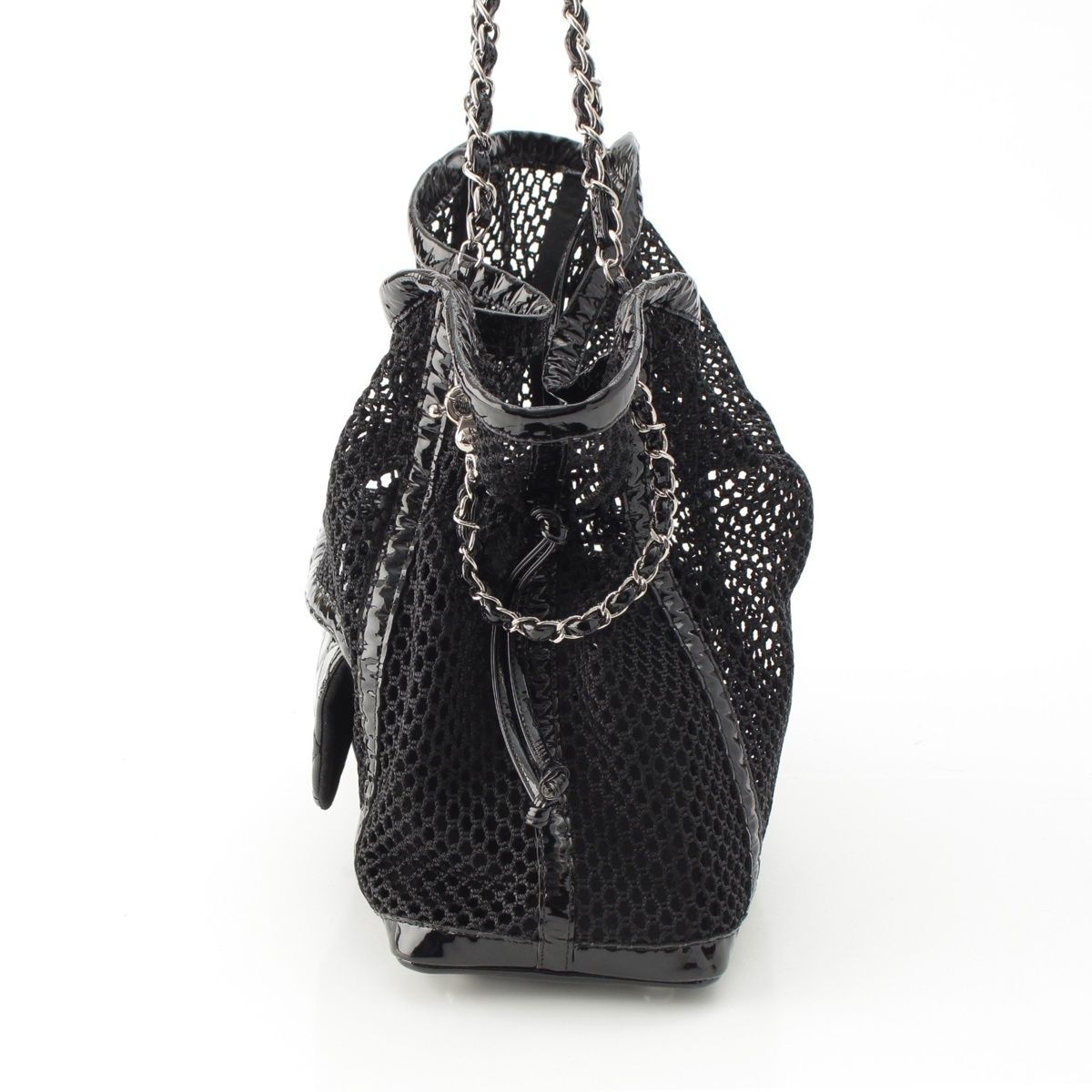 Chanel Mesh Patent Leather Quilted Single Flap Double Chain Set Tote Bag Black — view 4